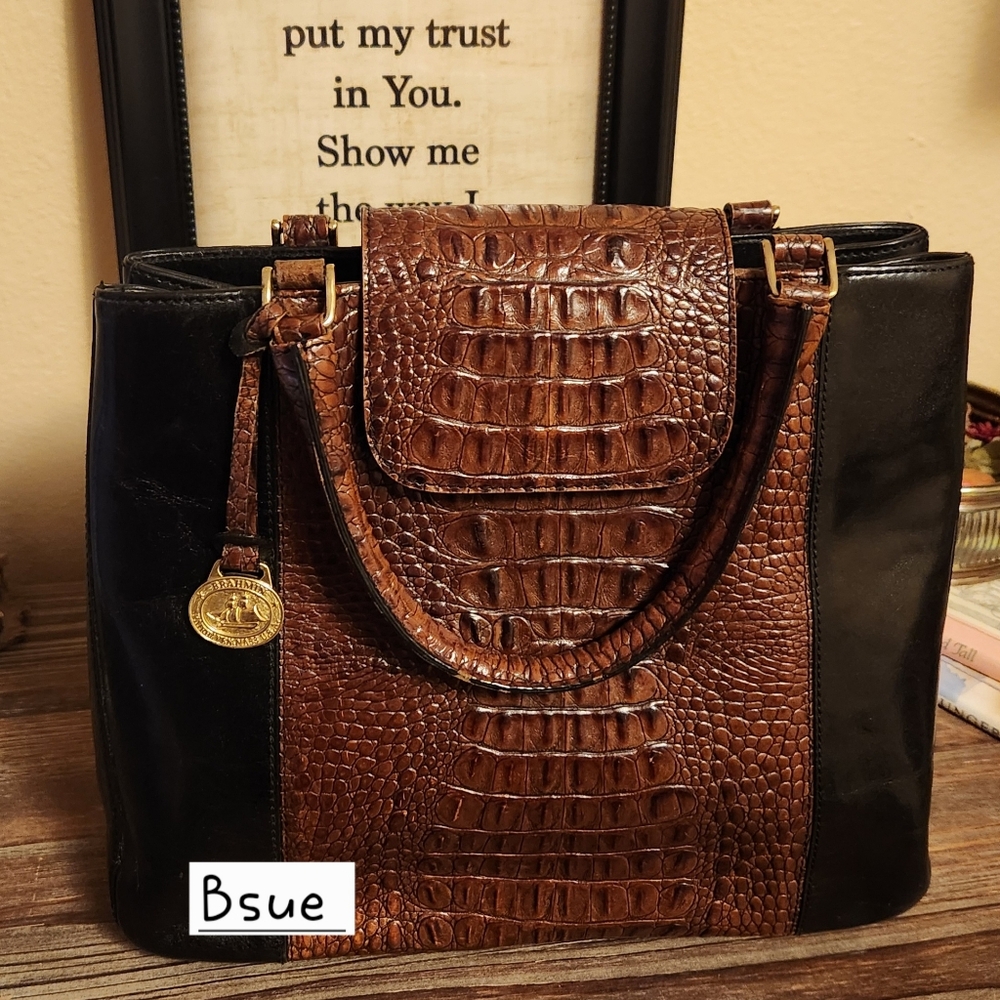 Brahmin Melbourne Croc Handbag, Shoulder Bag Pecan /Black  Tuscan Vintage